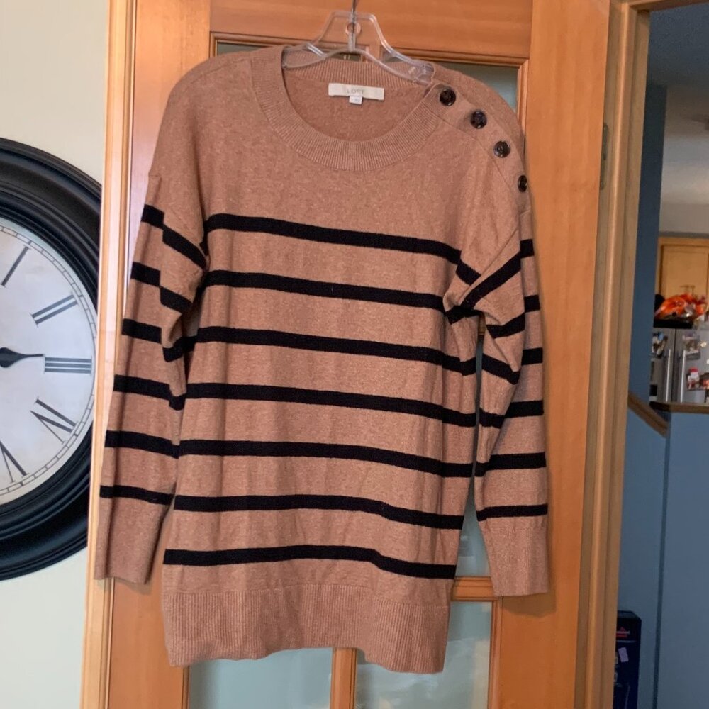 Women's Striped Button-Shoulder Sweater - Tan & Black